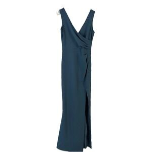 WOOSEA Mermaid Gown Maxi Dress Small Teal Ruched Split Slit V-Neck NWT Cocktail